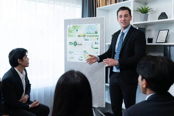 Líder Empresarial Hace Una Presentación Sobre Implementación Ecológica Con Fin — Foto de Stock