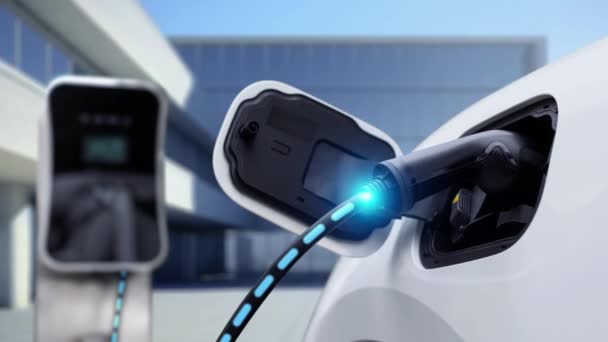 Pengisian Mobil Listrik Dari Stasiun Pengisian Menampilkan Status Hologram Baterai — Stok Video