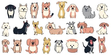 Şirin köpekler el çizimi vektör seti. Çizgi film köpekleri ya da köpek karakterleri farklı pozlarda düz renkli tasarım koleksiyonu. köpek vektör illüstrasyonu