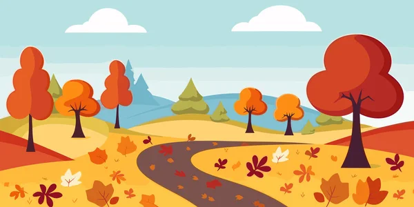 Beautiful autumn landscape with trees, mountains, fields, leaves. Countryside landscape. Autumn background. Vector illustration