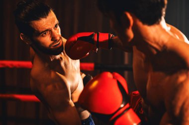 Asyalı ve Kafkasyalı Muay Thai boksörü boks maçında güçlerini serbest bırakıyor. Güçlü kaslı Taylandlı boksör acımasız dövüş hünerleriyle yumruk atıyor. Impetus