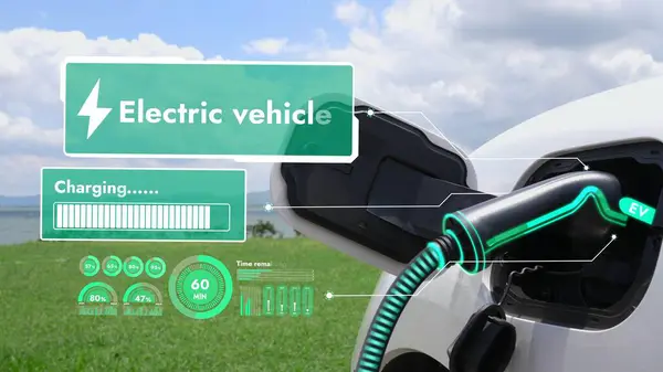 充電ステーション付き電気自動車用プラグ Ev充電ケーブルによる充電バッテリは 自然背景を持つスマートデジタルバッテリステータスホログラムを表示します 未来型グリーンエネルギーインフラ Peruse — ストック写真