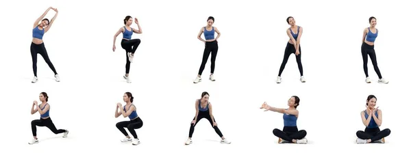 배경에 스튜디오 샷에서 시퀀스를 운동에 여성을 자세를 스트레칭 따뜻하게 훈련의 — 스톡 사진