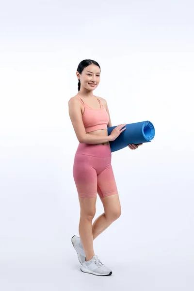 Jeune Femme Asiatique Attrayant Portrait Vêtements Sport Avec Tapis Exercice — Photo