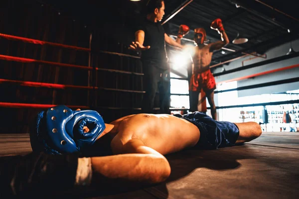 Boxing referee intervene, halting the fight to check fallen competitor after knock out. Referee pauses the action for boxer fighters safety after KO with winner posing in background. Impetus