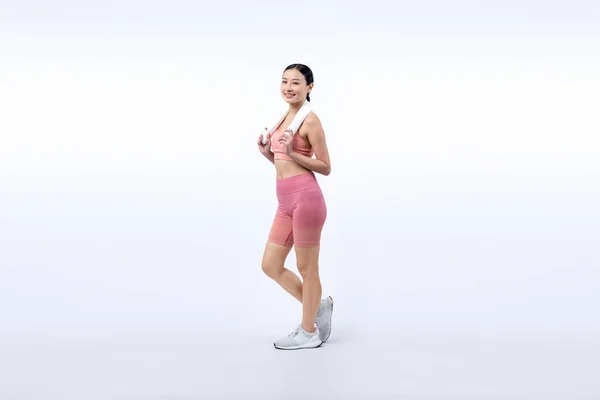 Ganzkörper Asiatische Frau Sportbekleidung Porträt Lächelnd Und Posiert Fröhlich Geste — Stockfoto