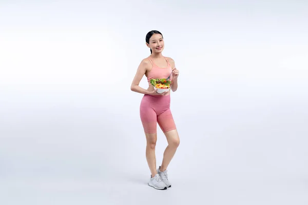 Jovem Mulher Asiática Desportiva Sportswear Segurando Saladeira Encher Com Vibrante — Fotografia de Stock