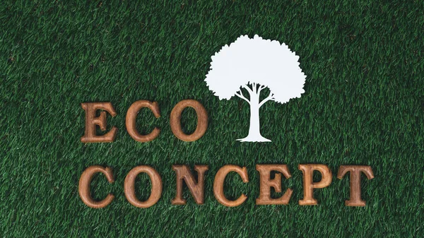 生態学的な意識向上キャンペーンに配置された木製アルファベットは 緑と持続可能な未来のための環境保護を促進するために 生物愛好家の緑の草の背景にEcoアイコンデザイン ガイヤー イングランド — ストック写真