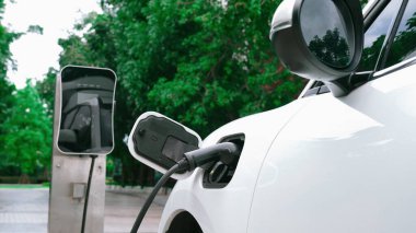 Elektrikli araba parkı ve şarj istasyonunun yanında şarj edilen enerji konseptinin sürdürülebilirliği. Çevresel koruma için yenilenebilir enerji tarafından kullanılan elektrikli araç.