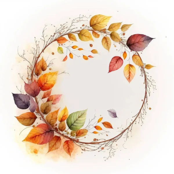 Circle frame with autumn leaves watercolor painted isolated on white background. Theme of vintage minimal art design in geometric. Finest generative AI.