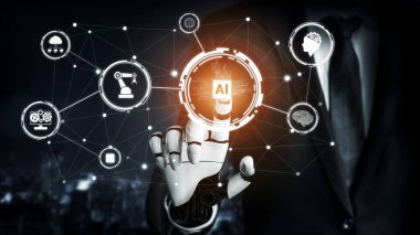 3D Rending Futuristic robot teknolojisi geliştirme, yapay zeka yapay zeka ve makine öğrenme konsepti. Gelecekteki insan hayatı için küresel robot biyonik bilim araştırması. 3B illüstrasyon