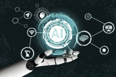 3D Rending Futuristic robot teknolojisi geliştirme, yapay zeka yapay zeka ve makine öğrenme konsepti. Gelecekteki insan hayatı için küresel robot biyonik bilim araştırması. 3B illüstrasyon