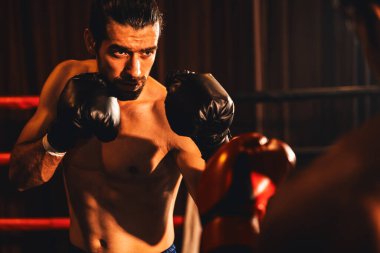 İki atletik ve kaslı vücut boksörü vahşi bir boks maçında karşı karşıya. Boks dövüşçüsü boks ringinde dövüşüyor. Impetus