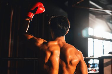 Muzaffer Muay Thai boksörü zaferle poz veriyor, güçlükle kazandığı zaferinin tadını çıkarıyor ve güçlü ve kaslı vücudunu gururla sergiliyor. Impetus