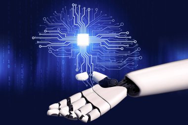 3D Rending Futuristic robot teknolojisi geliştirme, yapay zeka yapay zeka ve makine öğrenme konsepti. Gelecekteki insan hayatı için küresel robot biyonik bilim araştırması. 3B illüstrasyon