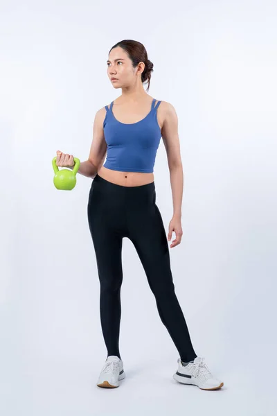 Kraftig Energisk Kvinna Gör Kettlebell Tyngdlyftning Motion Isolerad Bakgrund Ung — Stockfoto