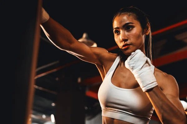 Asian Female Muya Thai Boxer Training Wrapped Hand Punching Kicking — Stock Photo, Image