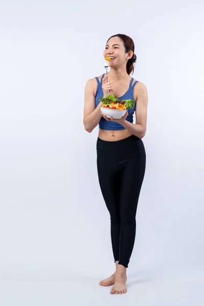 Young Sporty Asian Woman Sportswear Holding Salad Bowl Fill Vibrant — Stock Photo, Image