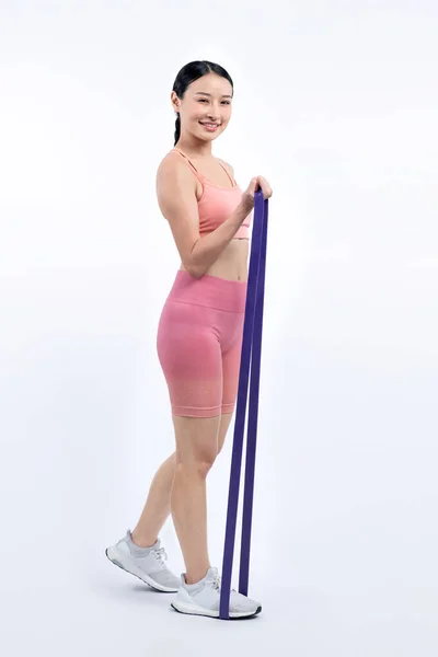 Vigorous Energetic Woman Sportswear Portrait Stretching Resistance Sport Band Young — Stock Photo, Image