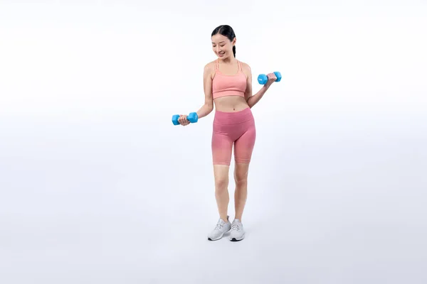 Vigorous Energetic Woman Doing Dumbbell Weight Lifting Exercise Isolated Background — Stock Photo, Image