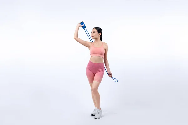 Mladá Energická Asijská Žena Sportovním Oblečení Skákání Nebo Skákání Župan — Stock fotografie