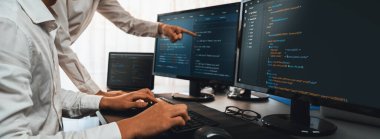 Yazılım geliştirme ekibi ofiste birlikte çalışıyor, bilgisayar ekranında betik görüntülemesi kodluyor. Teknoloji geliştirici şirketinde çalışan programcı ve yazılım mühendisi. Önde.