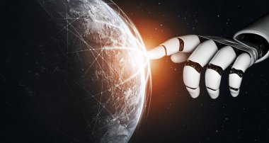 3D Rending Futuristic robot teknolojisi geliştirme, yapay zeka yapay zeka ve makine öğrenme konsepti. Gelecekteki insan hayatı için küresel robot biyonik bilim araştırması. 3B illüstrasyon