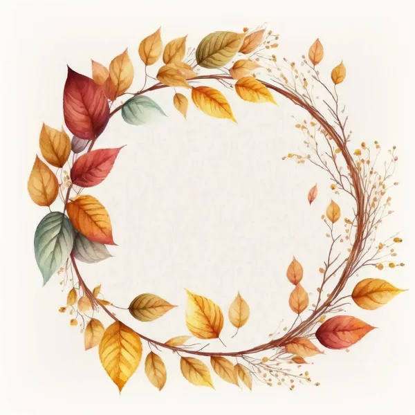 Circle frame with autumn leaves watercolor painted isolated on white background. Theme of vintage minimal art design in geometric. Finest generative AI.