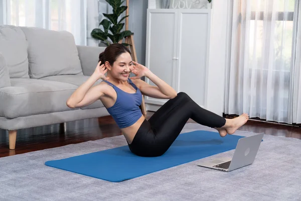 Asian Woman Sportswear Doing Crunch Exercising Mat Home Workout Training — Stock Photo, Image