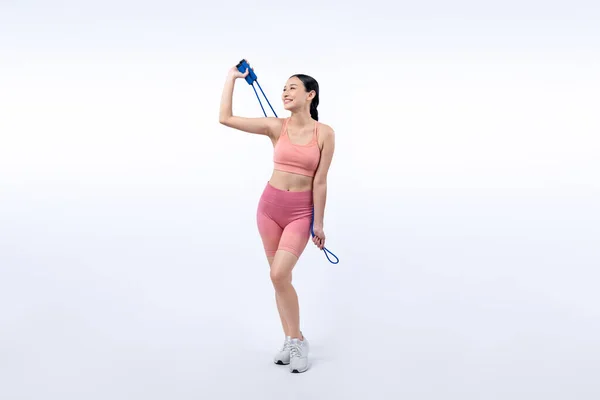 Giovane Donna Asiatica Energica Abbigliamento Sportivo Con Salto Saltare Accappatoio — Foto Stock