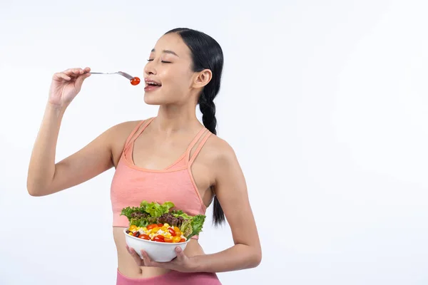 Young Sporty Asian Woman Sportswear Holding Salad Bowl Fill Vibrant — Stock Photo, Image