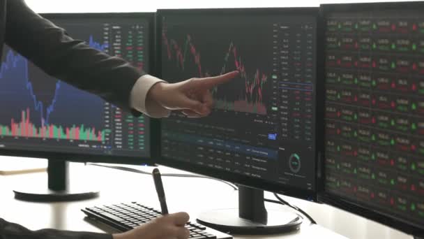 コンピュータ画面で株式市場チャートを見ているビジネスの人々 決定取引 — ストック動画