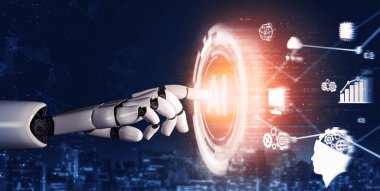 3D Rending Futuristic robot teknolojisi geliştirme, yapay zeka yapay zeka ve makine öğrenme konsepti. Gelecekteki insan hayatı için küresel robot biyonik bilim araştırması. 3B illüstrasyon