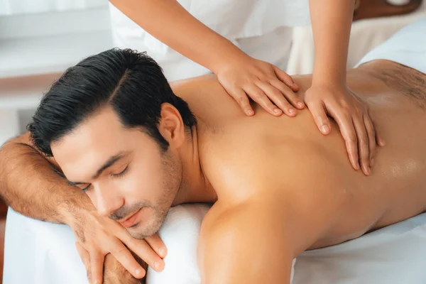Caucasian Man Customer Enjoying Relaxing Stress Spa Massage Pampering Beauty — Stock Photo, Image