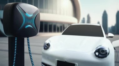 Modern ve fütüristik bina arka planında akıllı EV şarj istasyonundan elektrikli araba şarj oluyor. Alternatif ve sürdürülebilir enerji kullanan şarj edilebilir EV arabaların teknolojik gelişimi. İnceleyin