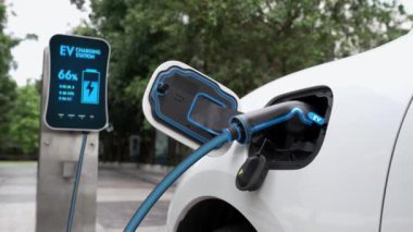 Doğal yeşil araba parkındaki ekolojik temiz enerji şarj istasyonundan gelen fütürist akıllı EV şarj aletinin şarj ettiği elektrikli araba. Alternatif enerji kullanan gelecekçi çevre dostu elektrikli araba. İnceleyin