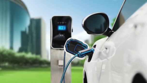 Die Batterie Eines Elektroautos Wird Mit Einem Futuristischen Smart Ladegerät — Stockvideo