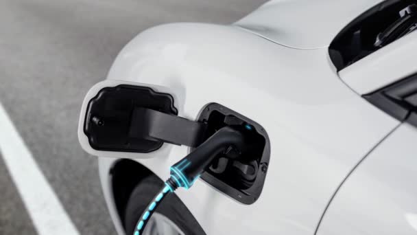 充電ステーションからのエコフレンドリーな自動車充電は 未来的なホログラムディスプレイバッテリーステータスを備えています 代替エネルギー技術と再充電可能Evカーの最新の進歩 パーセント — ストック動画