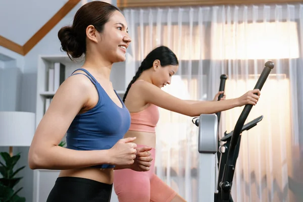 Energetische Sterke Atletische Aziatische Vrouw Die Thuis Met Een Trainingsmaatje — Stockfoto