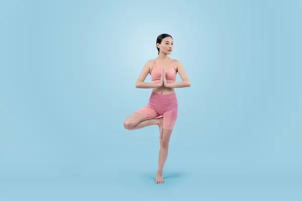 Mujer Asiática Ropa Deportiva Haciendo Ejercicio Yoga Pose Pie Aptitud — Foto de Stock