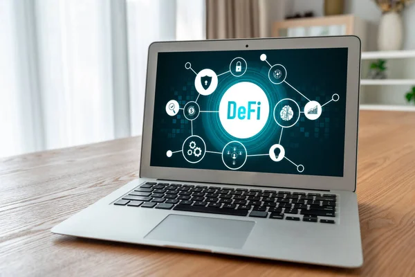 Decentralized Finance Defi Concept Modish Computer Screen Defi System Give — Stock Photo, Image