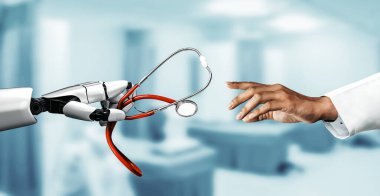 3D tıbbi yapay zeka robotu geleceğin hastanesinde çalışıyor. Hasta ve biyomedikal teknoloji konsepti için gelecekteki protez sağlık hizmetleri.
