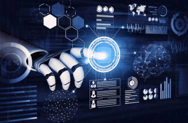 3D Rending Futuristic robot teknolojisi geliştirme, yapay zeka yapay zeka ve makine öğrenme konsepti. Gelecekteki insan hayatı için küresel robot biyonik bilim araştırması. 3B illüstrasyon