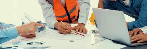Architect Engineer Working Building Blueprint Contractor Designing Drawing Blueprint Layout — Stock Photo, Image