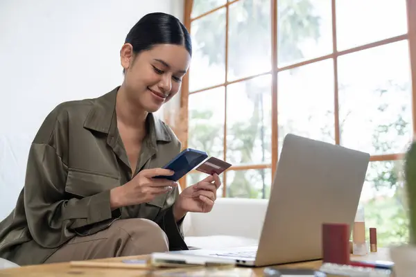 Young Happy Asian Woman Buy Product Online Shopping Home While — Stock Photo, Image