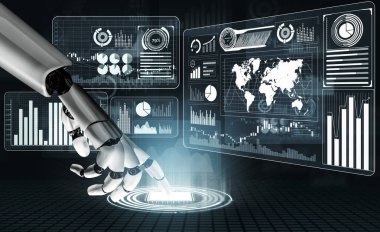 3D Rending Futuristic robot teknolojisi geliştirme, yapay zeka yapay zeka ve makine öğrenme konsepti. Gelecekteki insan hayatı için küresel robot biyonik bilim araştırması. 3B illüstrasyon