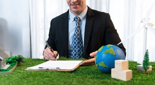 Businessman Ceo Office Signing Environmental Regulation Agreement Earth Sustainable Energy — Stock Photo, Image