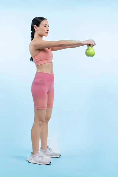 Vigorous Energetic Woman Doing Kettlebell Weight Lifting Exercise Isolated Background — Stock Photo, Image