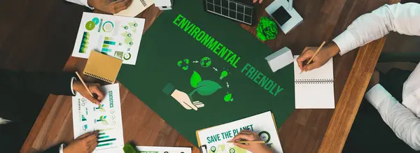 Top View Reunión Empresas Ecológicas Sobre Sensibilización Ambiental Regulación Protección — Foto de Stock