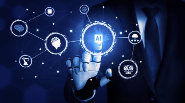 3D Rending Futuristic robot teknolojisi geliştirme, yapay zeka yapay zeka ve makine öğrenme konsepti. Gelecekteki insan hayatı için küresel robot biyonik bilim araştırması. 3B illüstrasyon